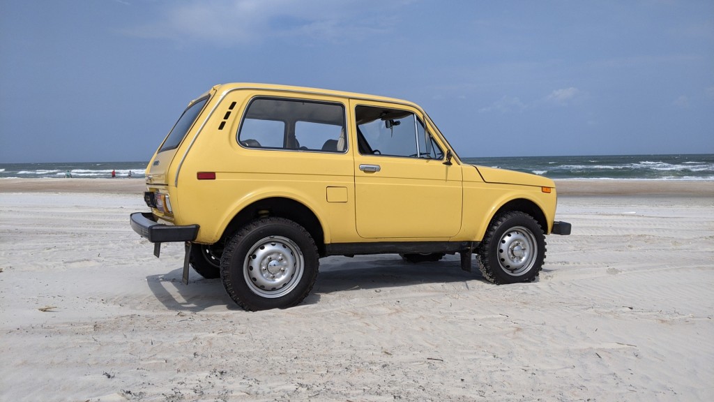 1982 Lada Niva on the beach in St Augustine, Florida, USA